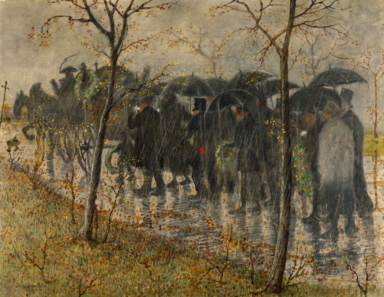 Begrafenisstoet in de regen door Carl Strathmann