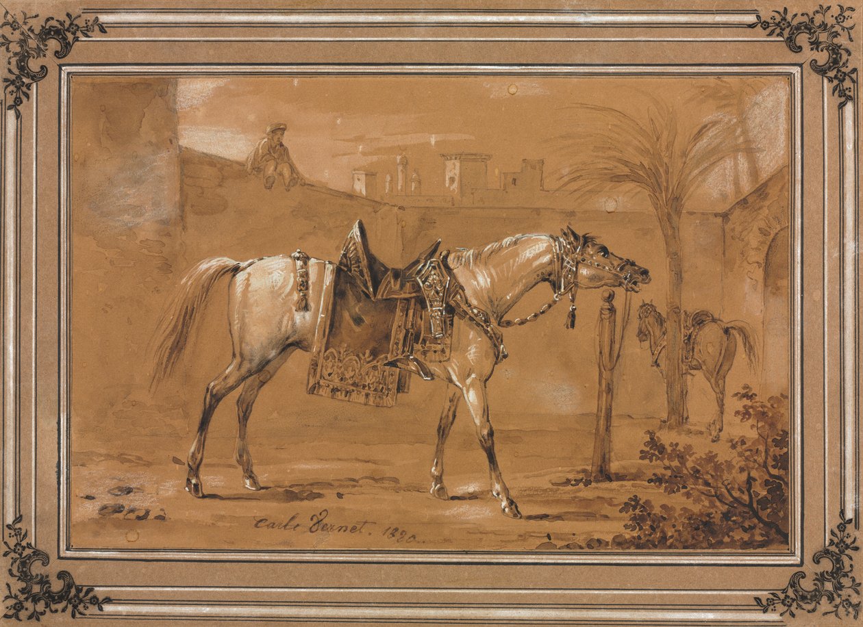 Gezadeld Arabisch paard in binnenplaats, 1820 door Carle Vernet