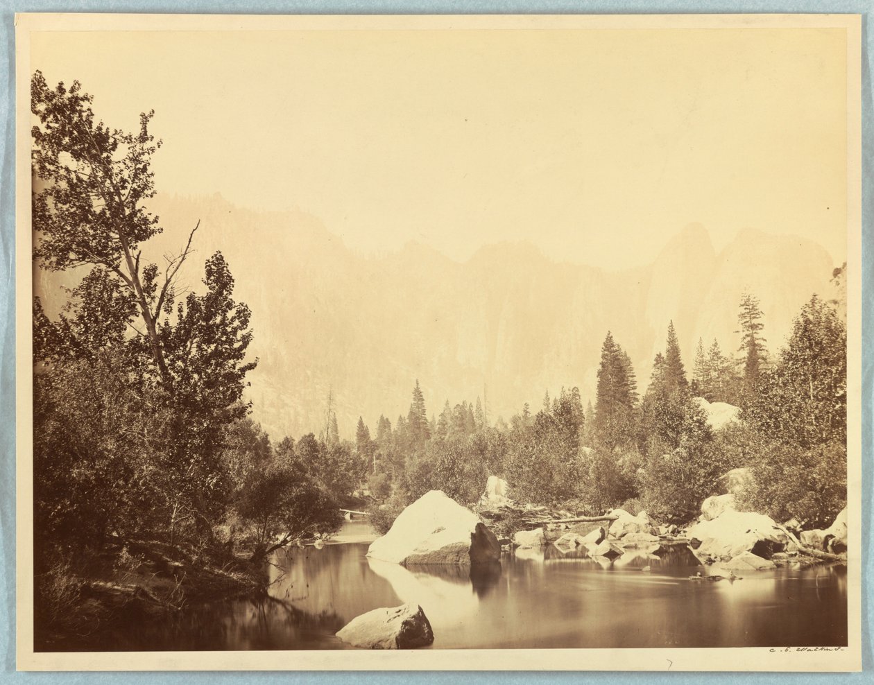 Uitzicht op de Merced-rivier, Yosemite door Carleton E. Watkins