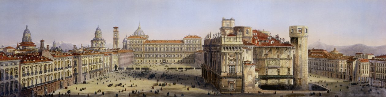 Piazza Castello, Turijn, gegraveerd door F. Citterio door Carlo Bossoli
