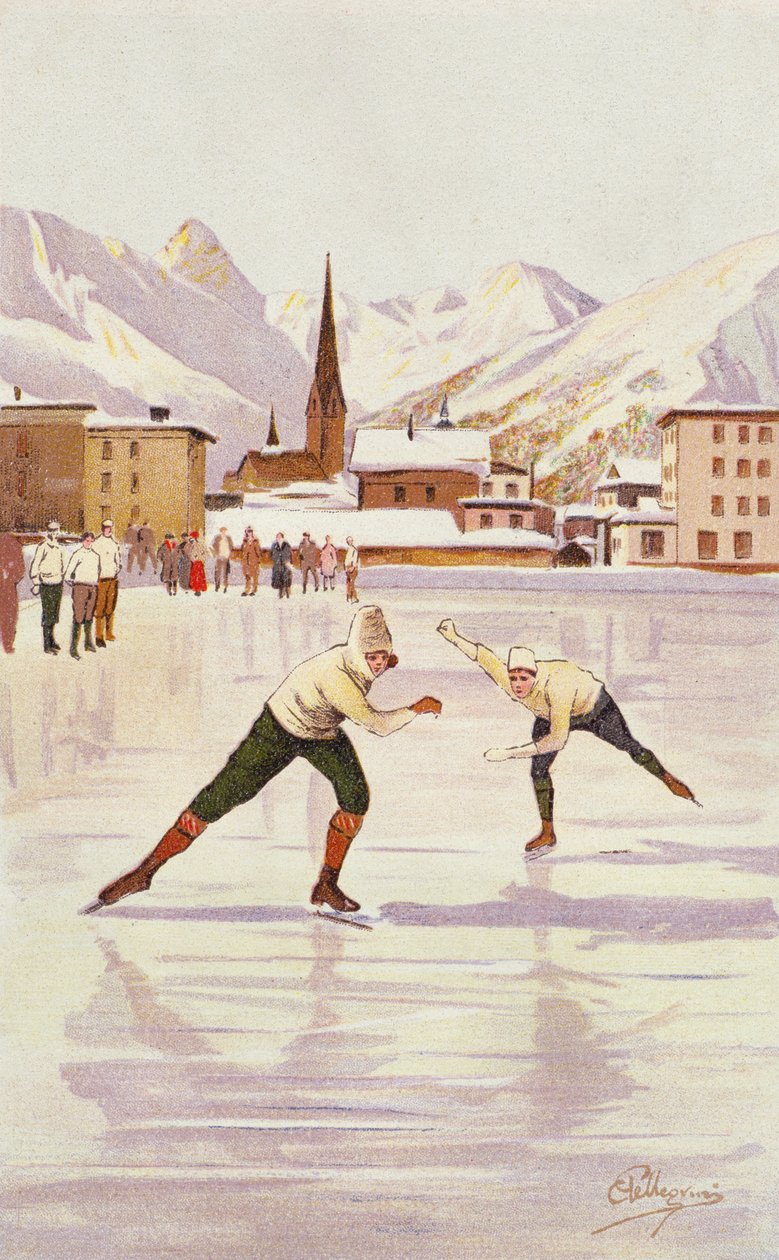 Schaatsers racen op de ijsbaan in Davos, Zwitserland door Carlo Pellegrini