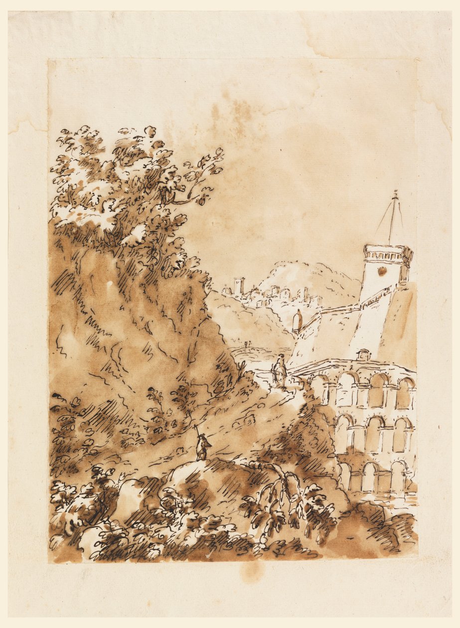 Landschap met bergstad door Carlo Marchionni