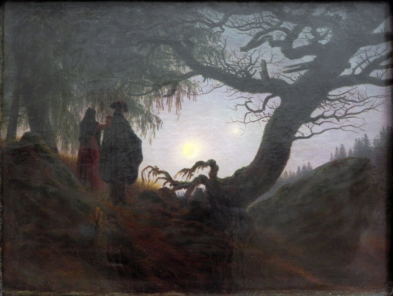 Man en vrouw die de maan aanschouwen door Caspar David Friedrich