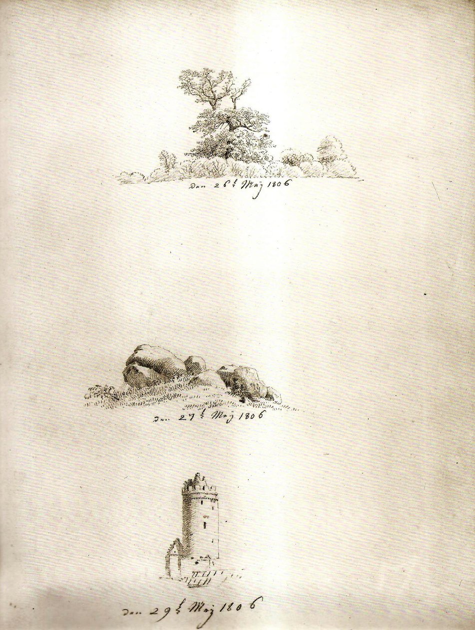Boom, kruiwagen en toren door Caspar David Friedrich