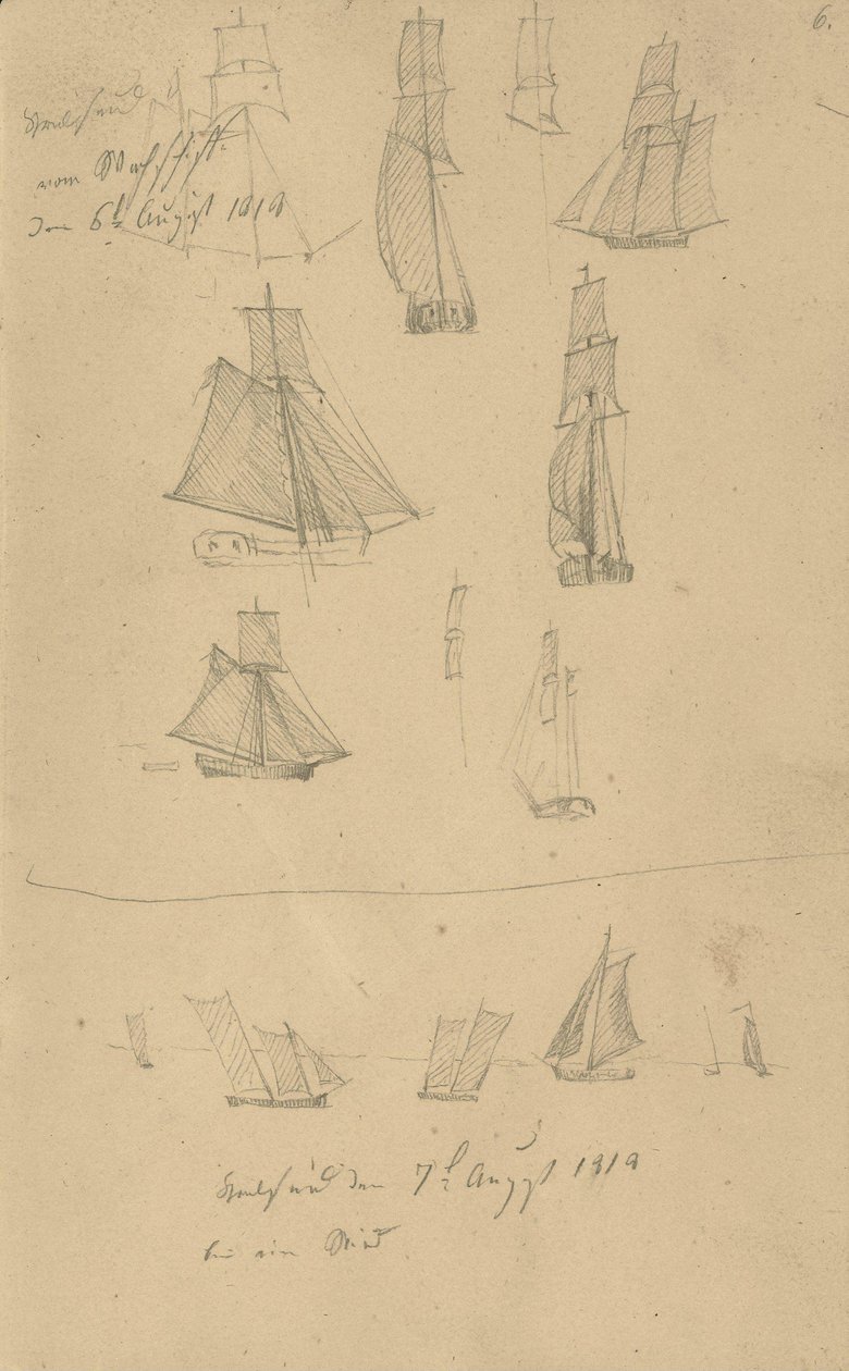 Studies van zeilschepen door Caspar David Friedrich