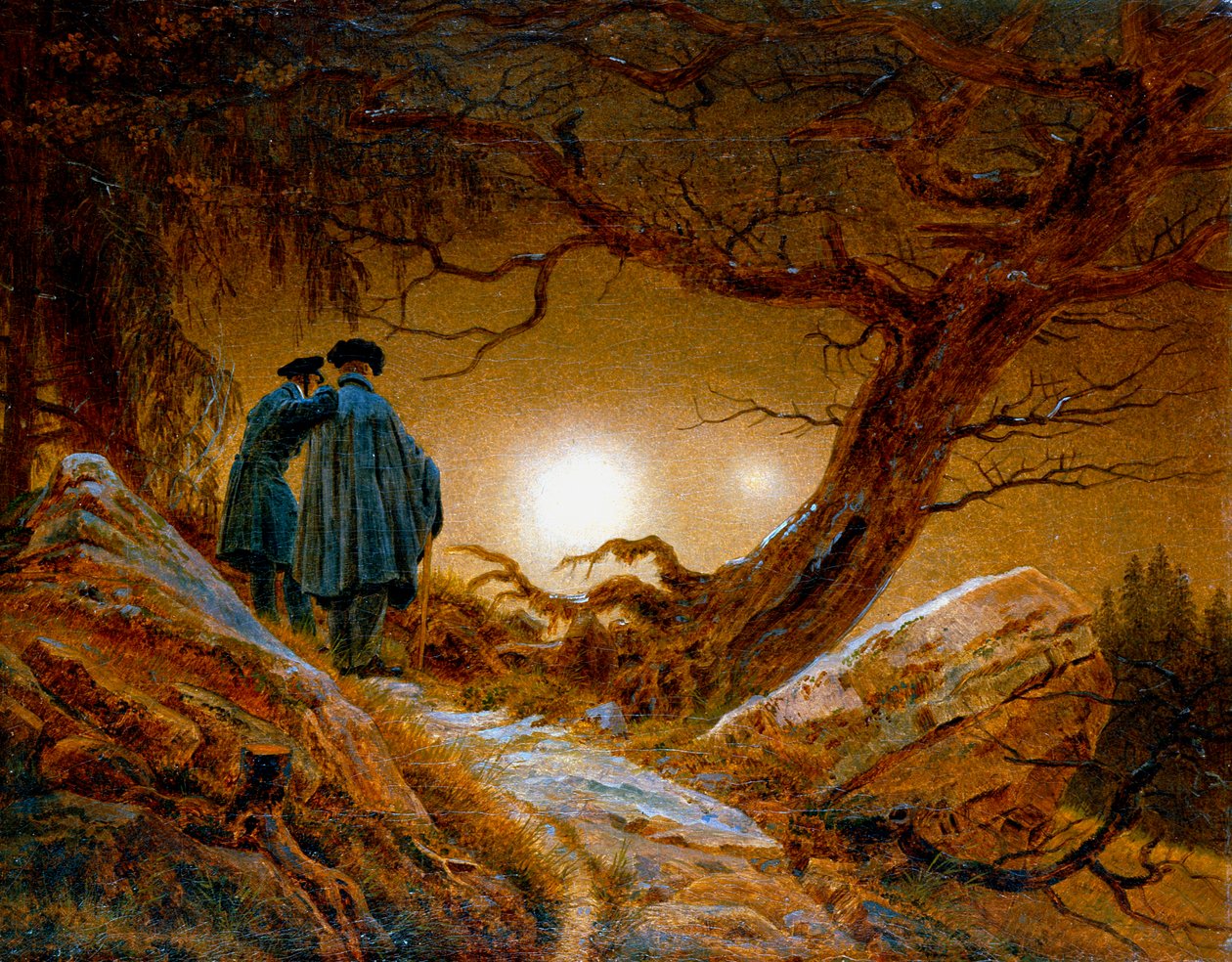 Twee Mannen die de Maan Contempleren, ca. 1825-1830 door Caspar David Friedrich