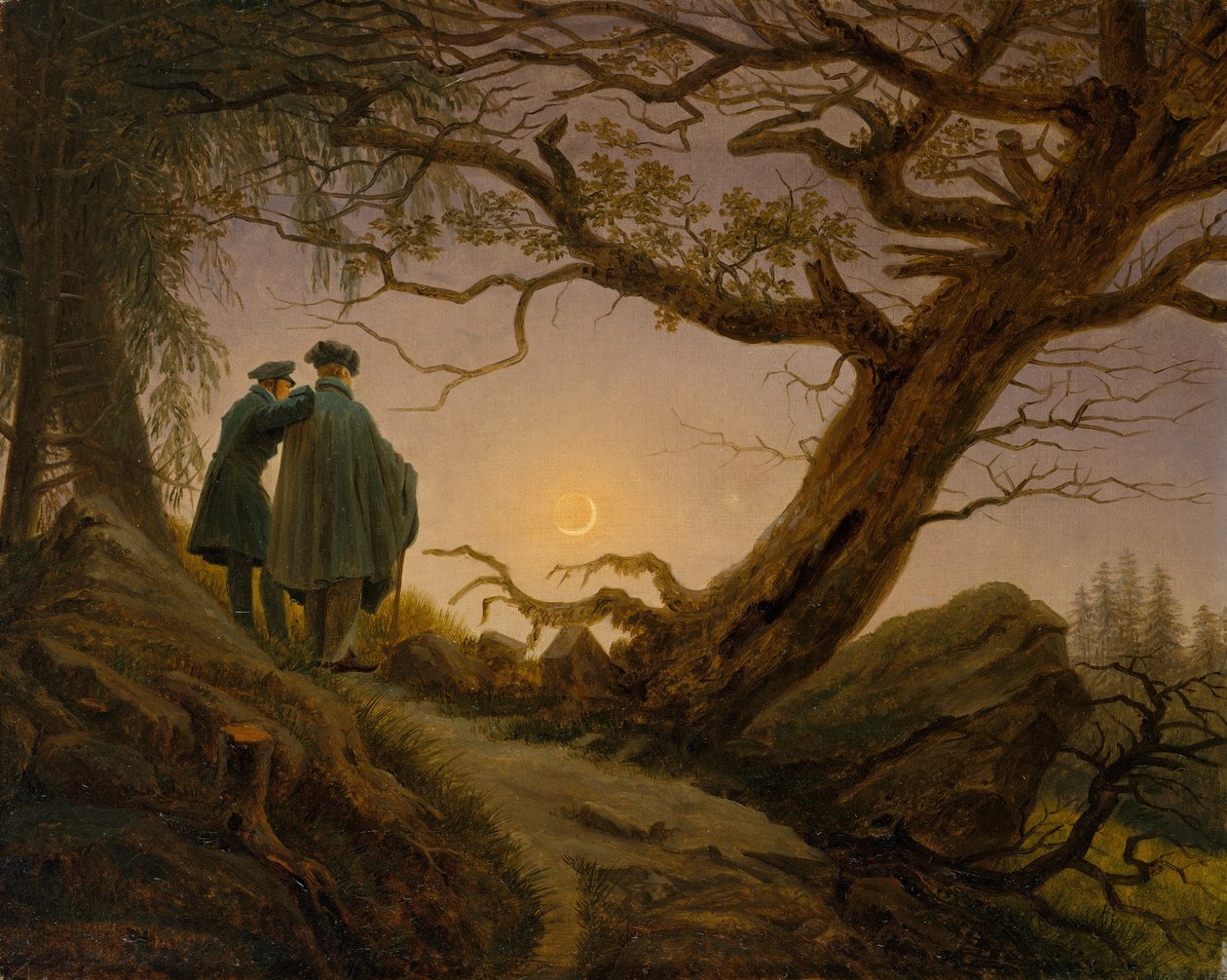 Twee mannen die de maan bekijken door Caspar David Friedrich