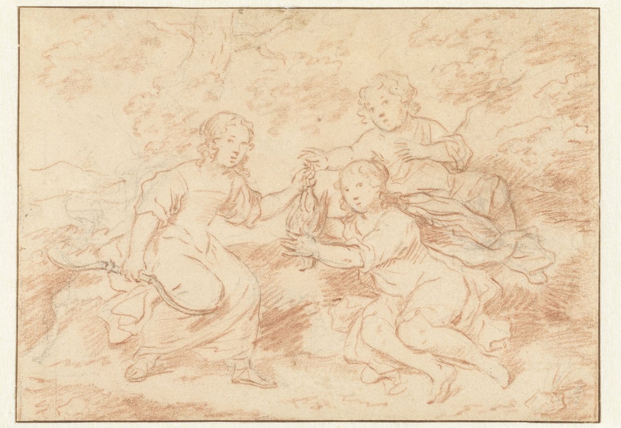 Drie kinderen in een landschap door Caspar Netscher (possibly)
