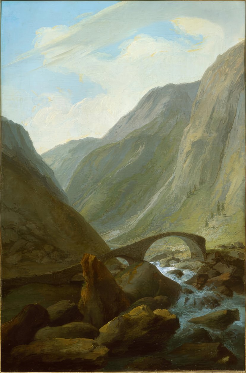 Alpendal met stenen brug door Caspar Wolf
