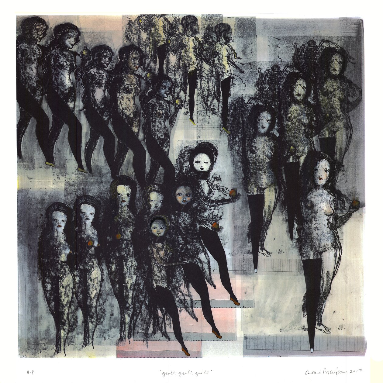 Meisjes, meisjes, meisjes, 2017 (handgekleurde litho) door Cathie Pilkington