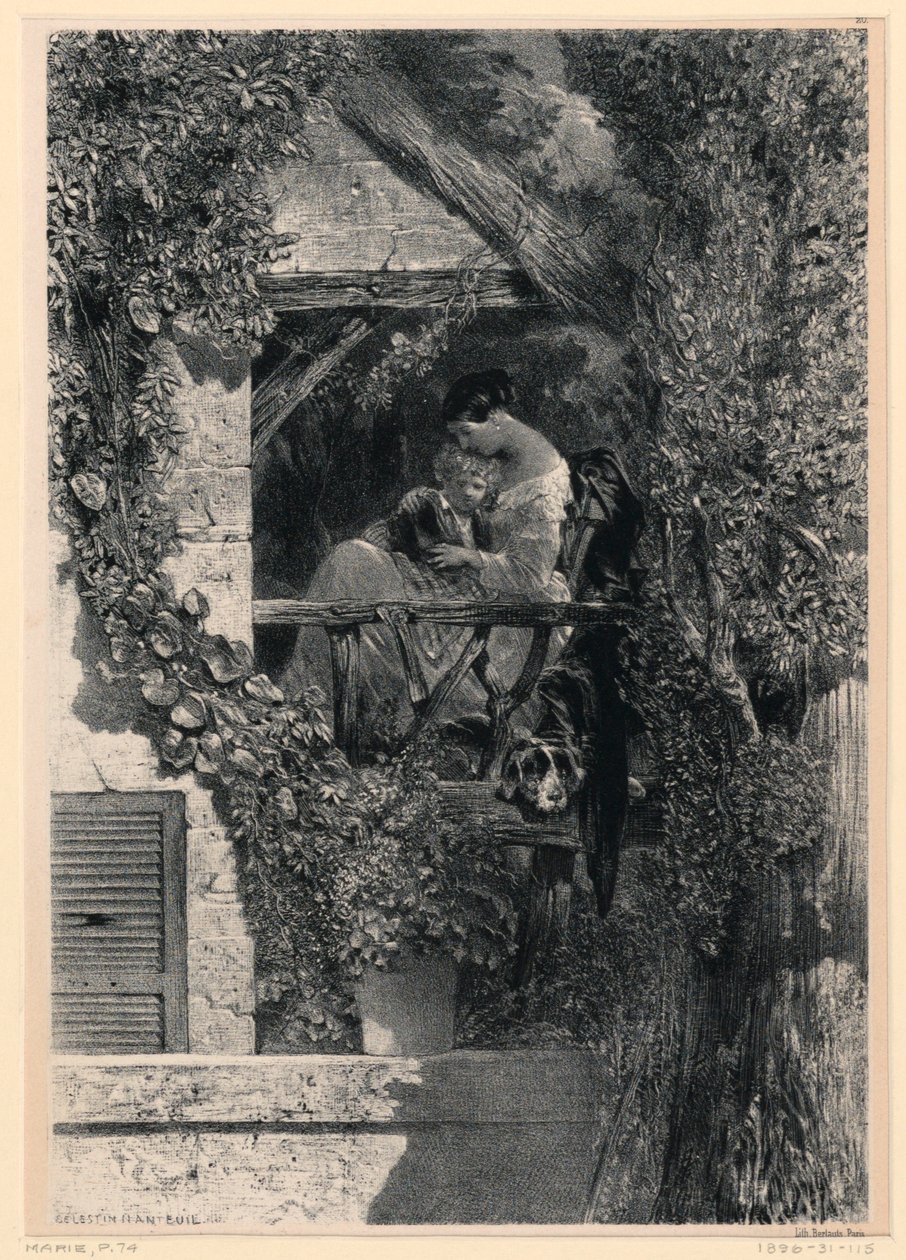 Moeder en kind op balkon door Celestin Francois Nanteuil