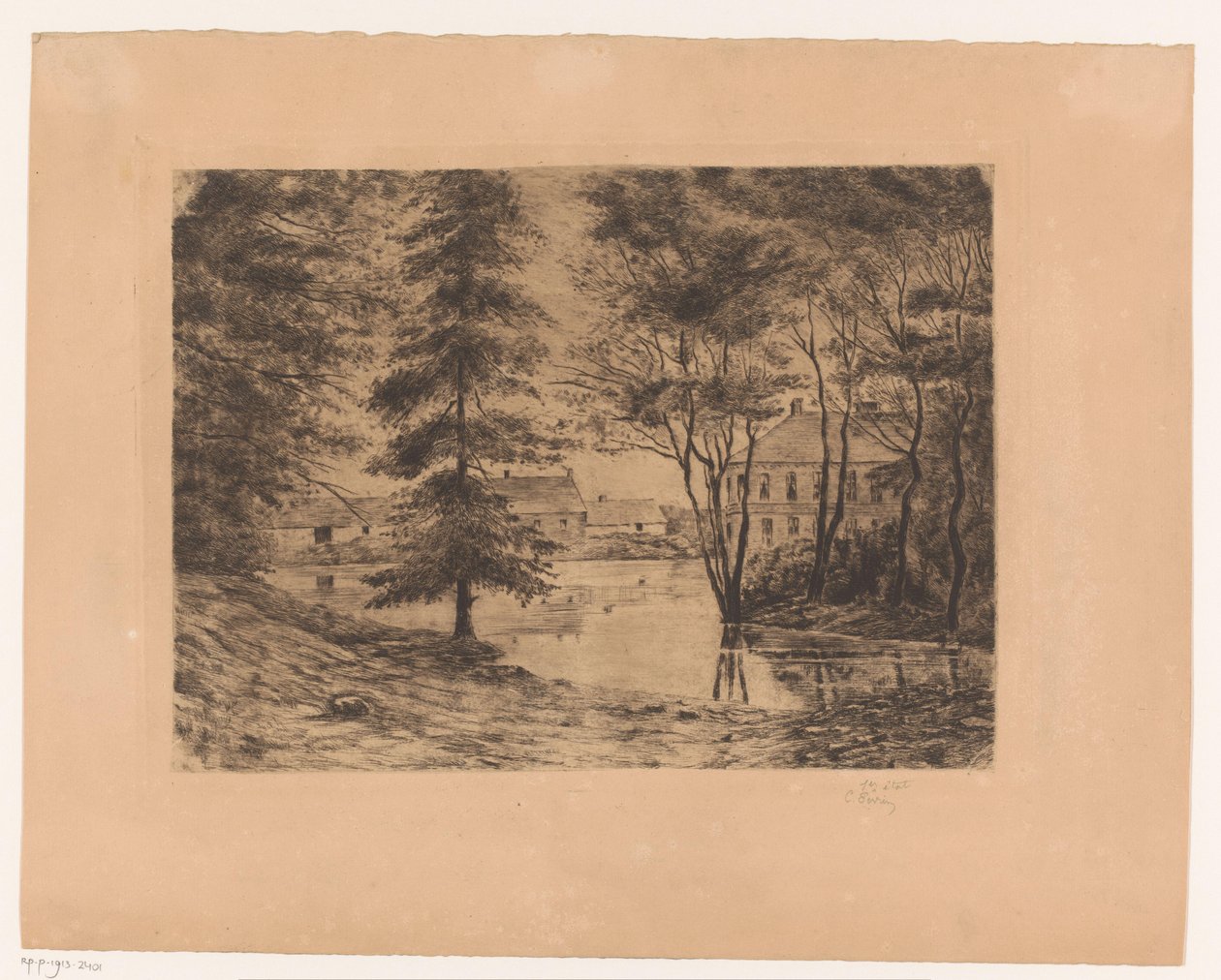 Gezicht op kasteel Ghlin door Ch. Perrin (signed by artist)