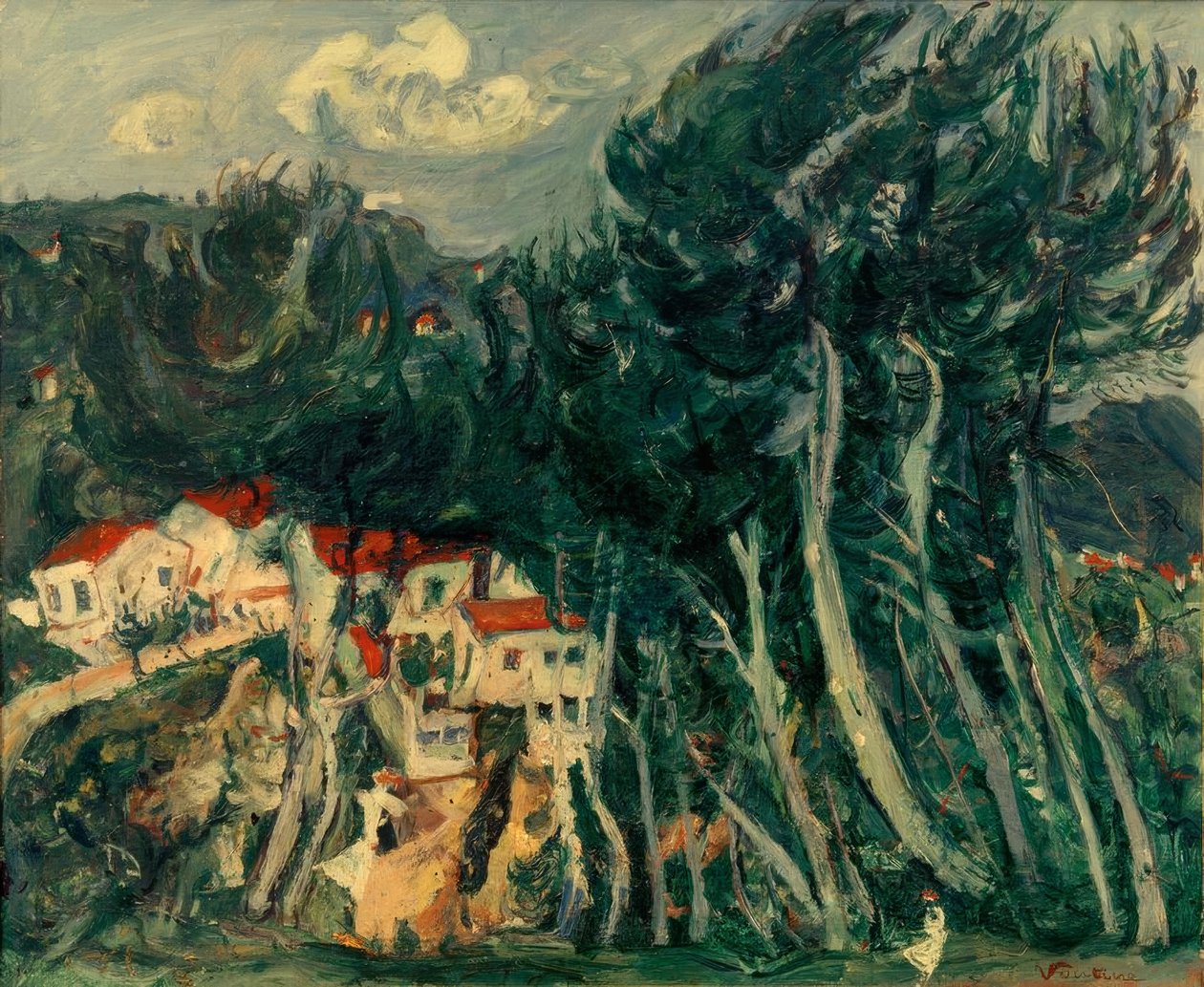 Ch. Soutine, dorp links, bomen rechts door Chaim Soutine