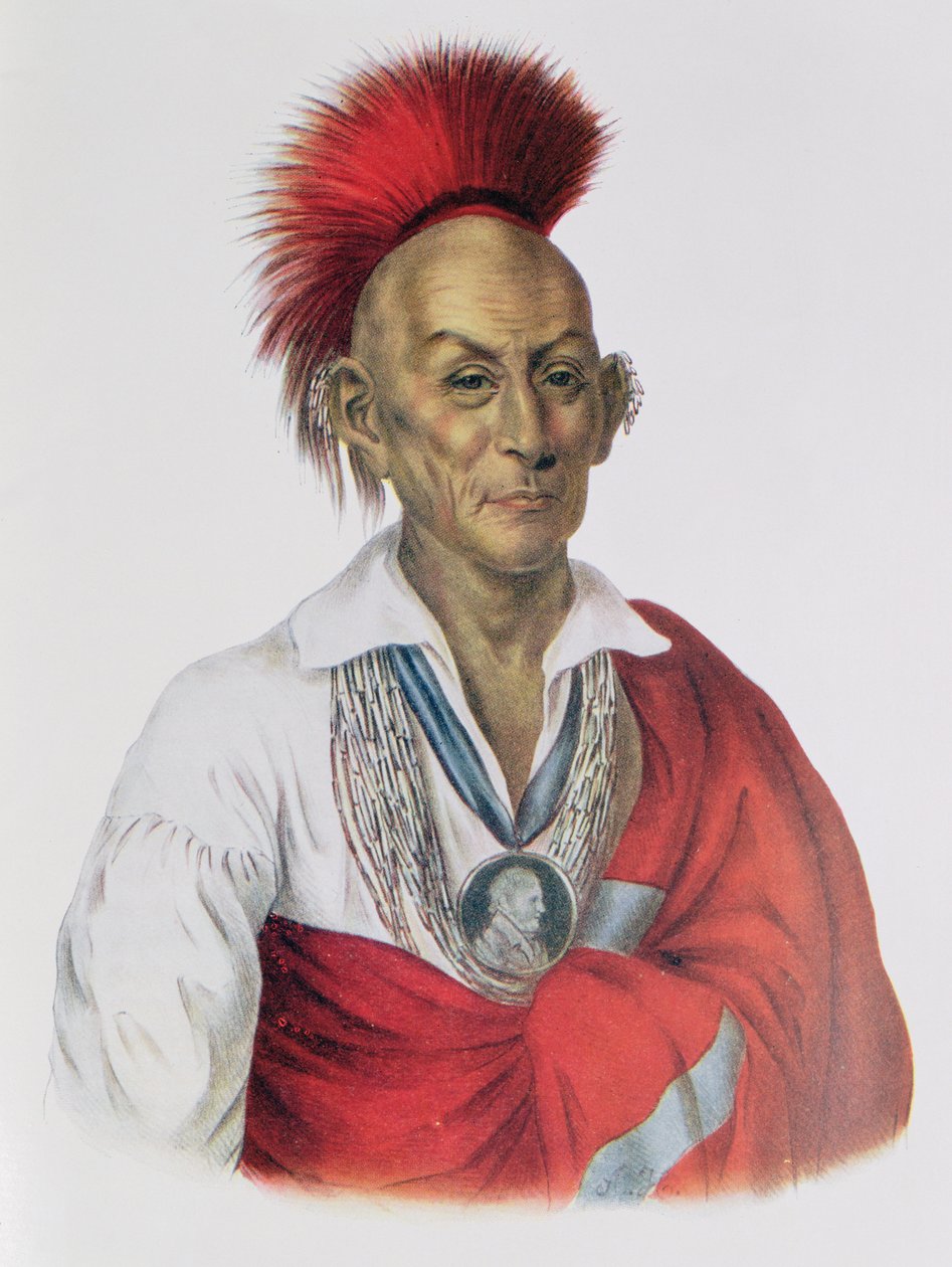 Ma-Ka-Tai-Me-She-Kia-Kiah of Black Hawk, een Sauk dappere, 1837, illustratie uit 