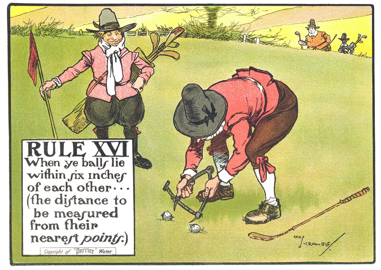 Regel XVI: Wanneer de ballen binnen zes inch van elkaar liggen... (de afstand wordt gemeten vanaf hun dichtstbijzijnde punten), uit 