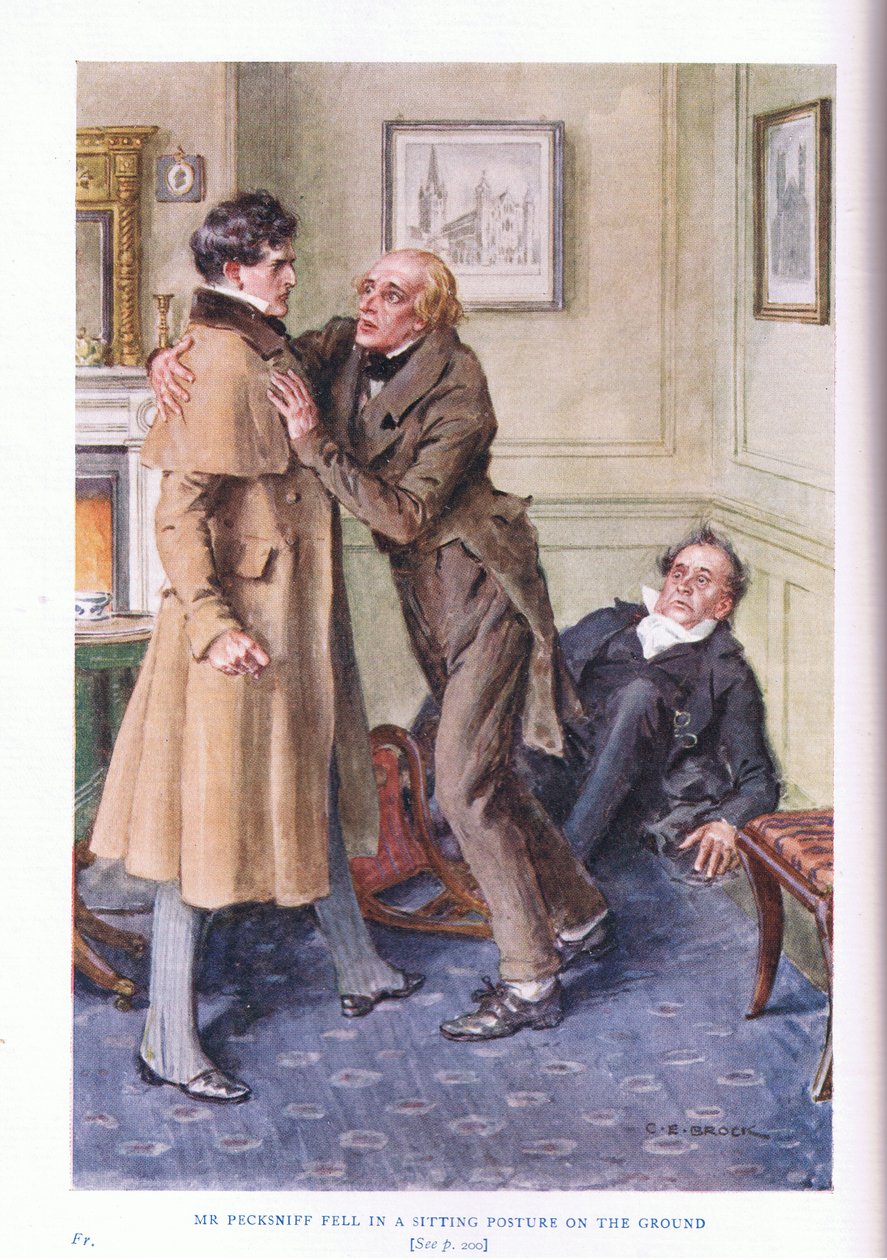 Mr Pecksniff viel in een zittende houding op de grond door Charles Edmund Brock