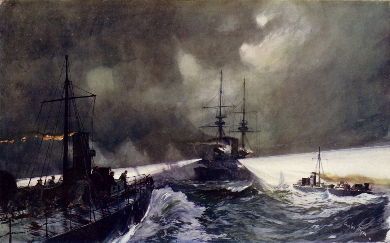 Torpedoboten in actie tijdens de marine-oefeningen door Charles Edward Dixon