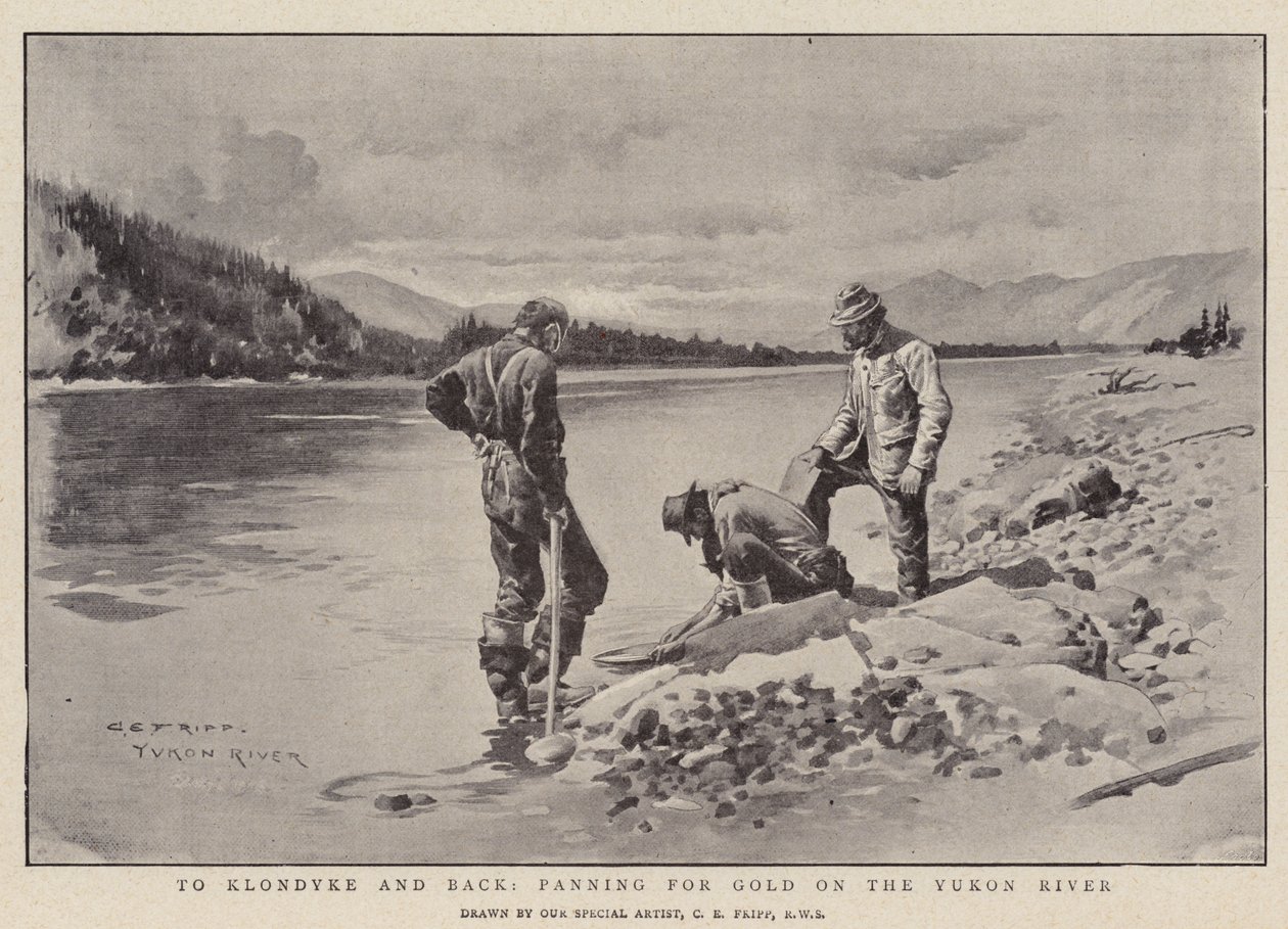 Naar Klondyke en Terug, goud pannen in de Yukon Rivier door Charles Edwin Fripp