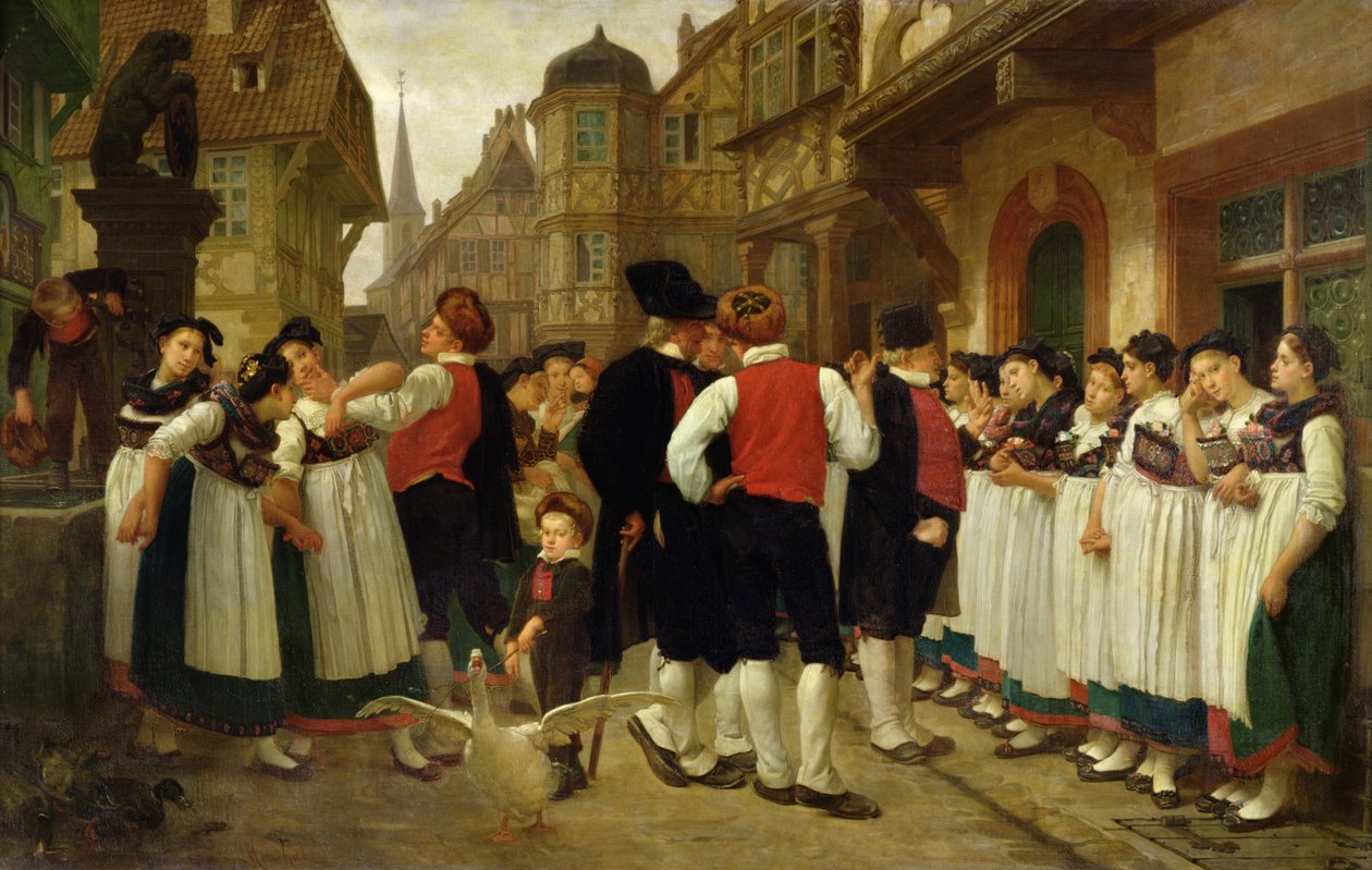 De bediendenmarkt in Bouxwiller door Charles Francois Marchal