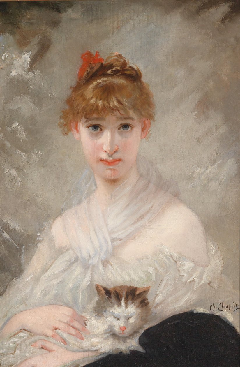 Meisje met witte doek en kat in de armen door Charles Joshua Chaplin