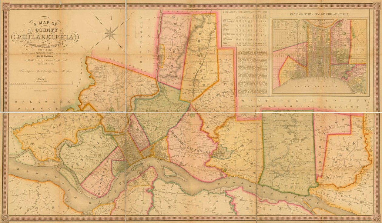 Kaart van het graafschap Philadelphia uit feitelijke opmeting, 1843 door Charles Jr. Ellet