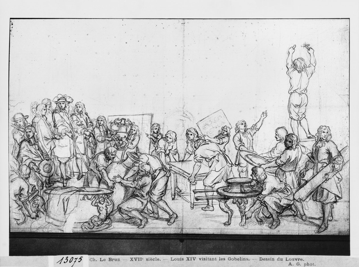 Lodewijk XIV bezoekt de Gobelins-fabriek door Charles Le Brun