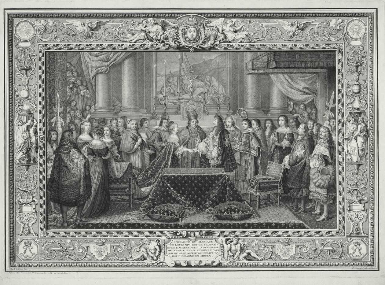 Huwelijksceremonie van Lodewijk XIV (1638-1715) Koning van Frankrijk en Navarra, en de Infanta, Maria Theresa van Oostenrijk (1638-83) dochter van Filips IV, Koning van Spanje in 1660, gegraveerd door B. Jeaurat, 1731 door Charles Le Brun