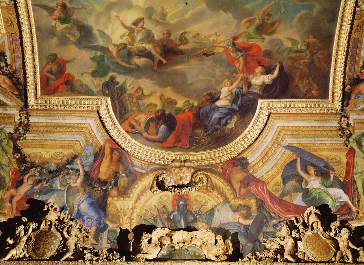 De Inname van de Stad en Citadel van Gent in Zes Dagen in 1678, plafondschildering uit de Galerie des Glaces door Charles Le Brun