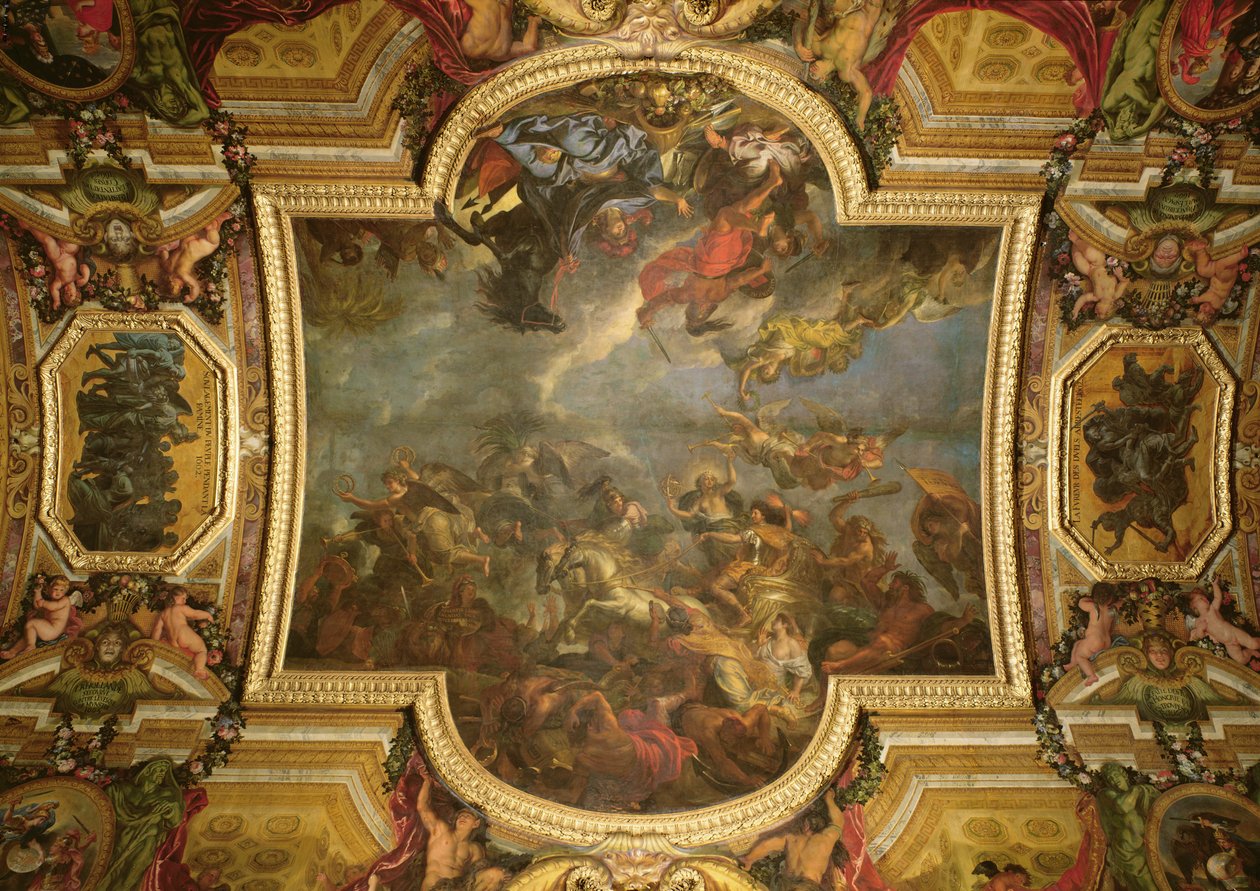 Gezicht op de koning die Maastricht inneemt in dertien dagen in 1673 en de oversteek over de Rijn in aanwezigheid van de vijanden in 1672, plafondschildering uit de Galerie des Glaces, 1678-86 door Charles Le Brun