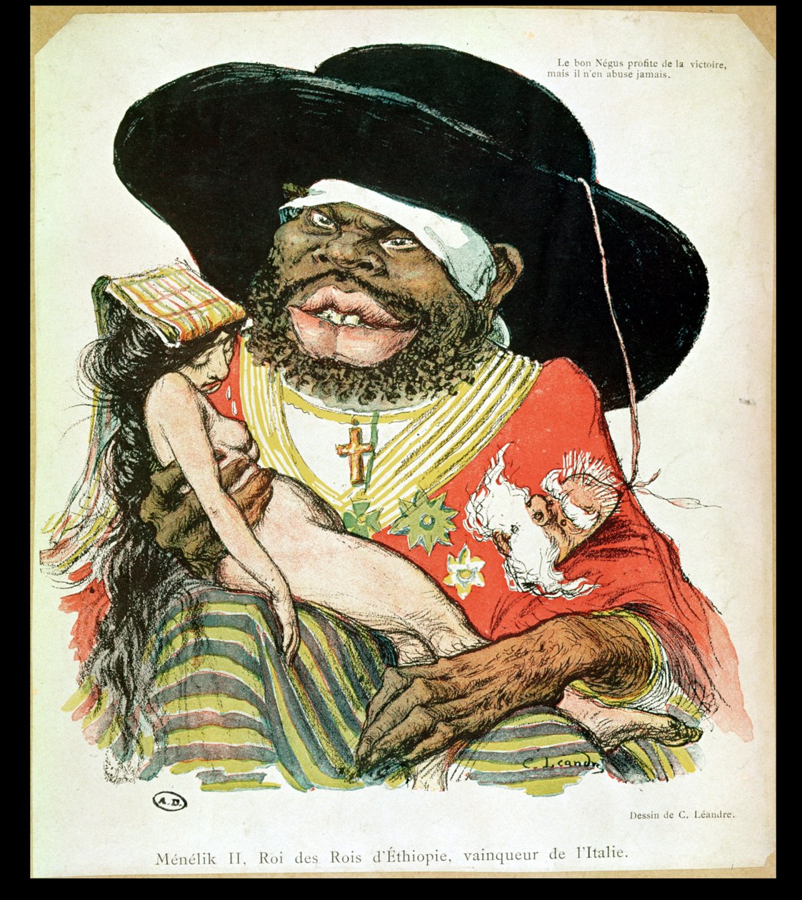 Karikatuur van de Negus van Ethiopië, Menelik II (1844-1913), uit 