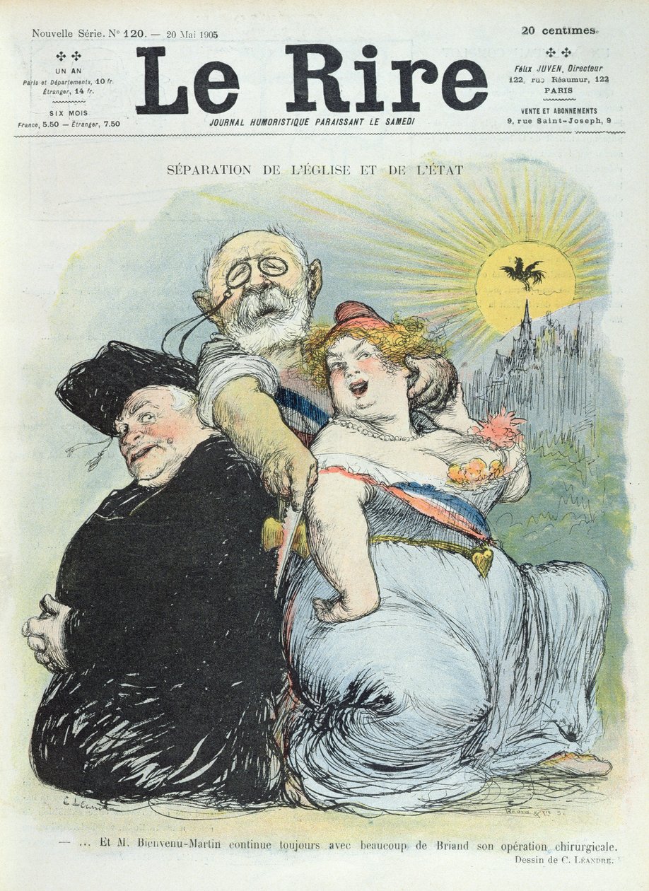 Jean-Baptiste Bienvenu-Martin (1847-1943) scheidt de staat van de kerk, karikatuur uit het tijdschrift 