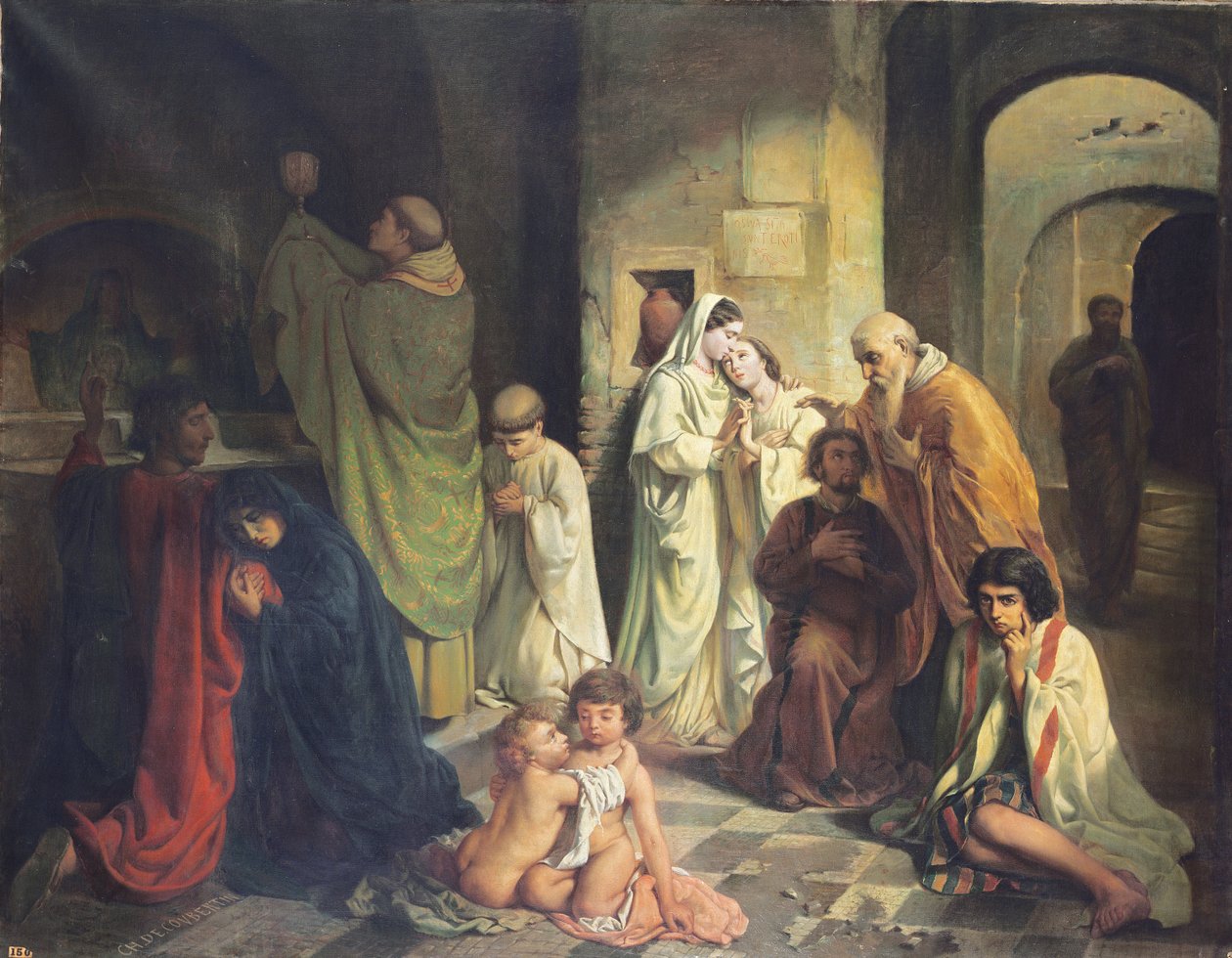 De Kus van Vrede in de Catacomben door Charles Louis Fredy de Coubertin