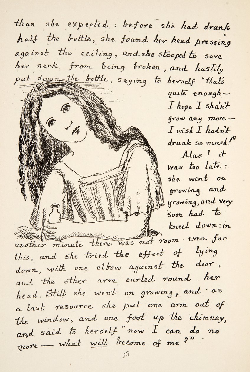 Alice begint te groeien na het drinken uit het kleine flesje, illustratie uit Alice