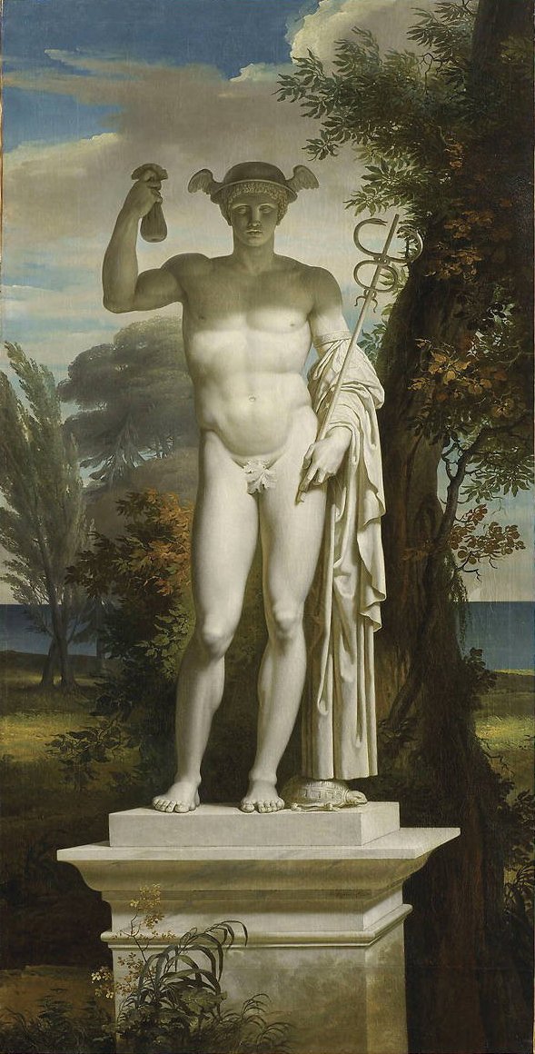 Standbeeld van Mercurius in een landschap door Charles Meynier
