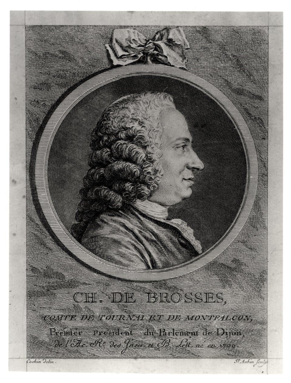 Charles de Brosses (1709-77), Graaf van Tournai en Montfaucon, gegraveerd door Augustin de Saint-Aubin (1736-1807) door Charles Nicolas II Cochin