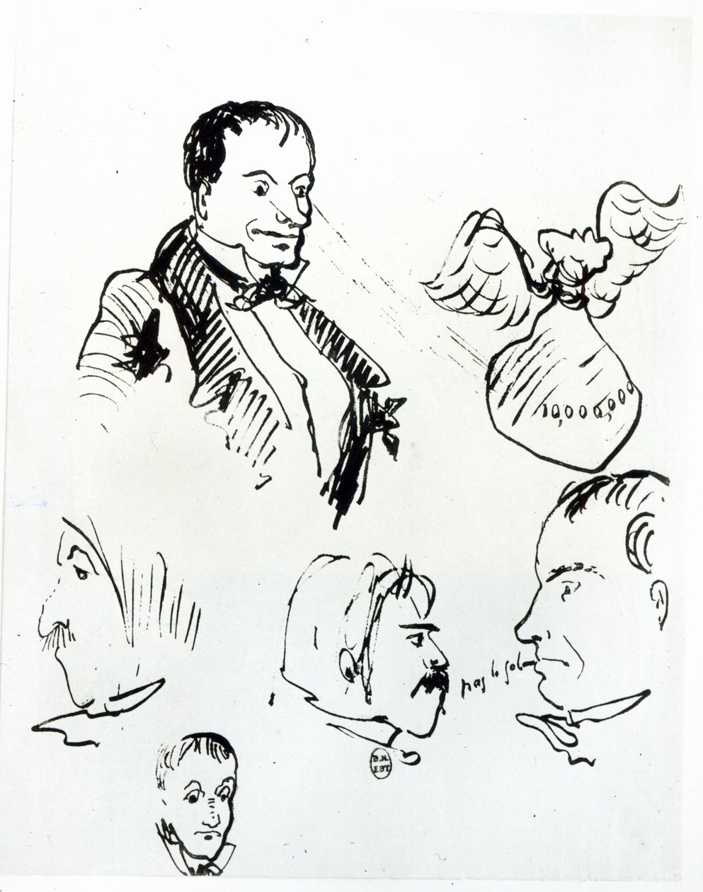 Drie zelfportretten en profielen van Jules Champfleury (1821-89) en Charles Asselineau (1820-74) c.1857-58 door Charles Pierre Baudelaire