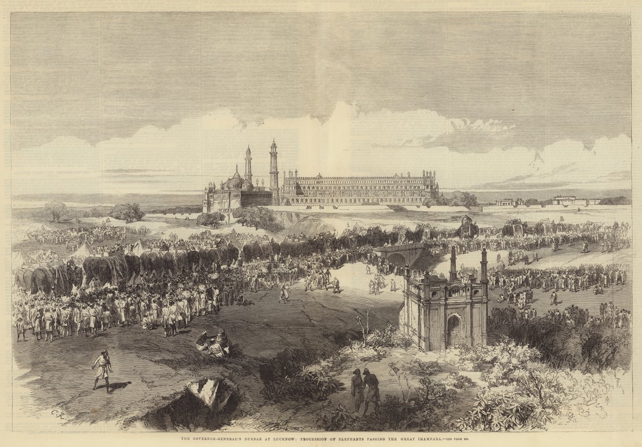 De Durbar van de gouverneur-generaal in Lucknow, processie van olifanten die de Grote Imambara passeren door Sir John Charles Robinson