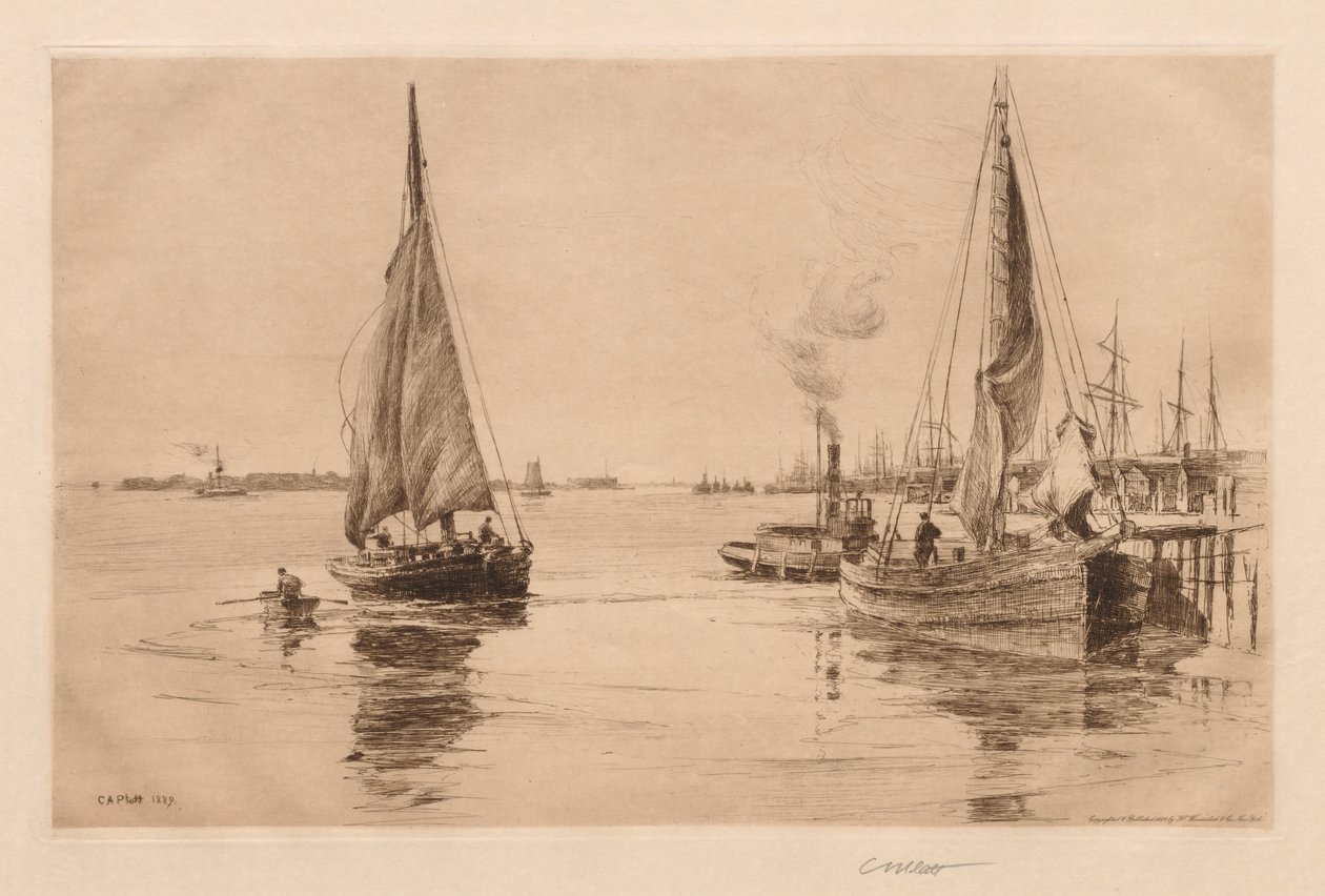 Twee Sloepen op de East River door Charles Adams Platt