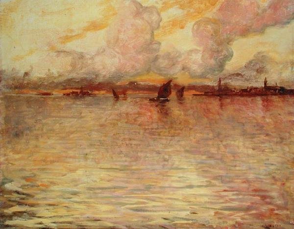Zeegezicht met verre uitzicht op Venetië door Charles Cottet