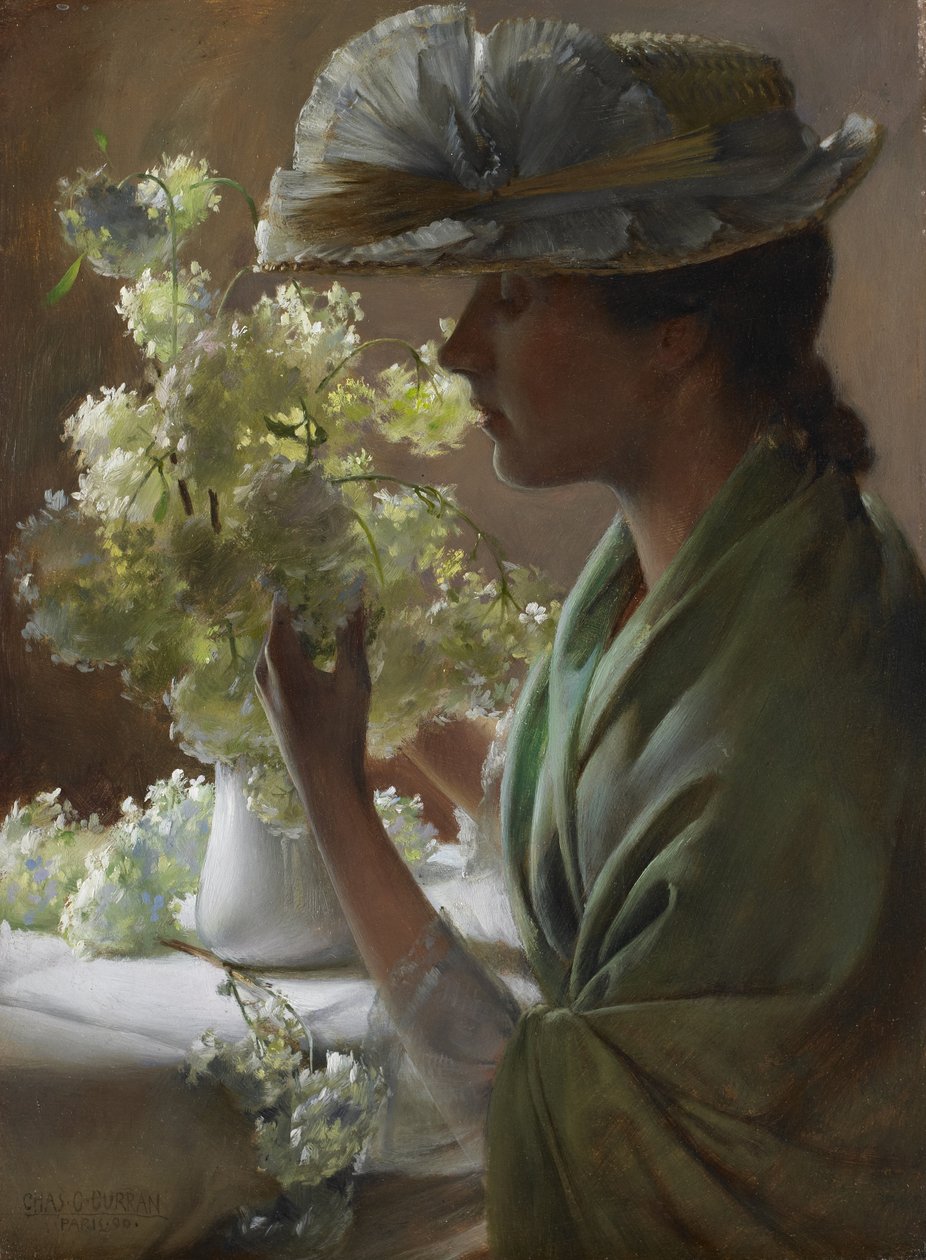 Dame met een Boeket (Sneeuwballen) door Charles Courtney Curran
