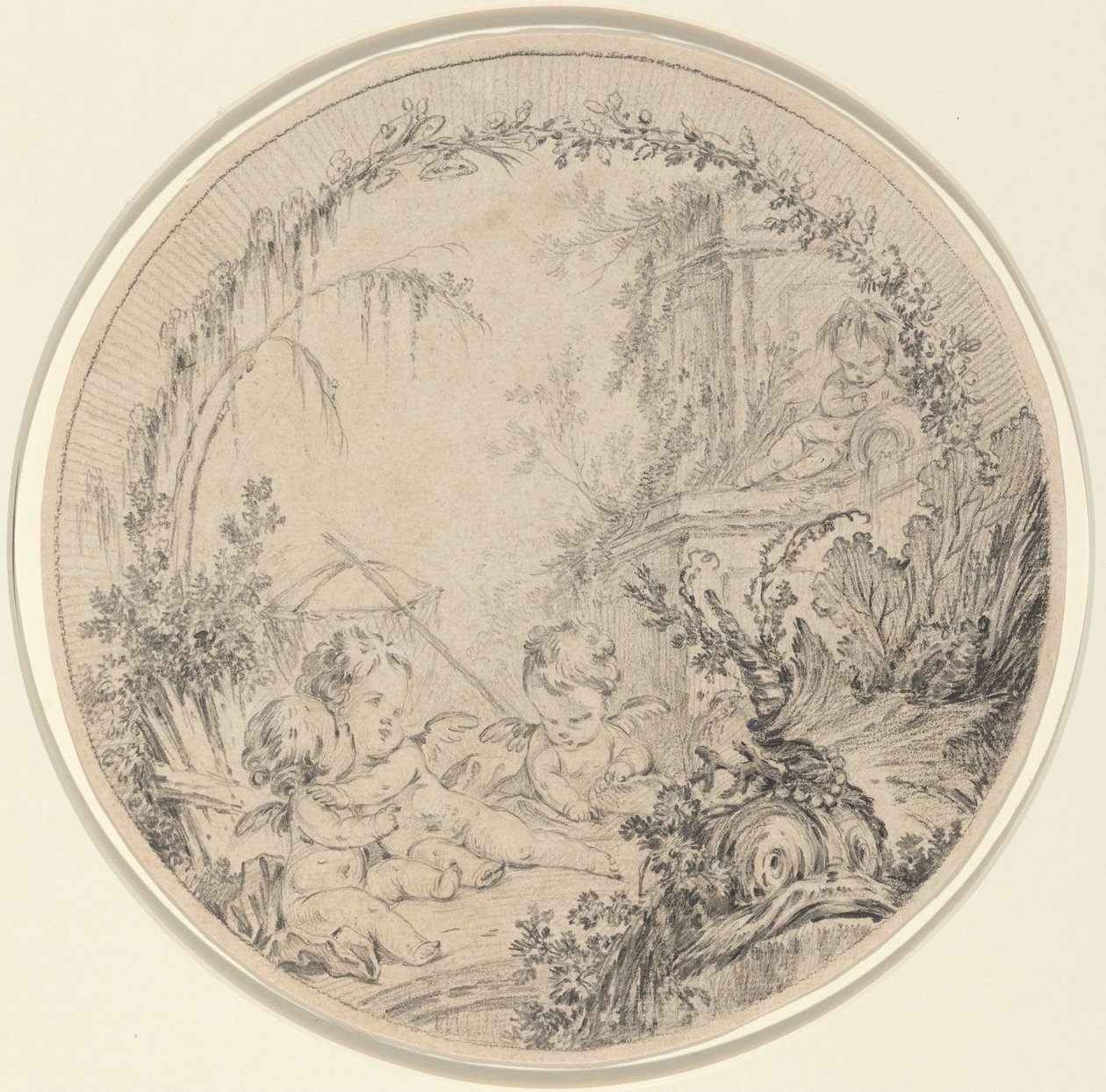 Drie putti met een visnet door Charles Eisen