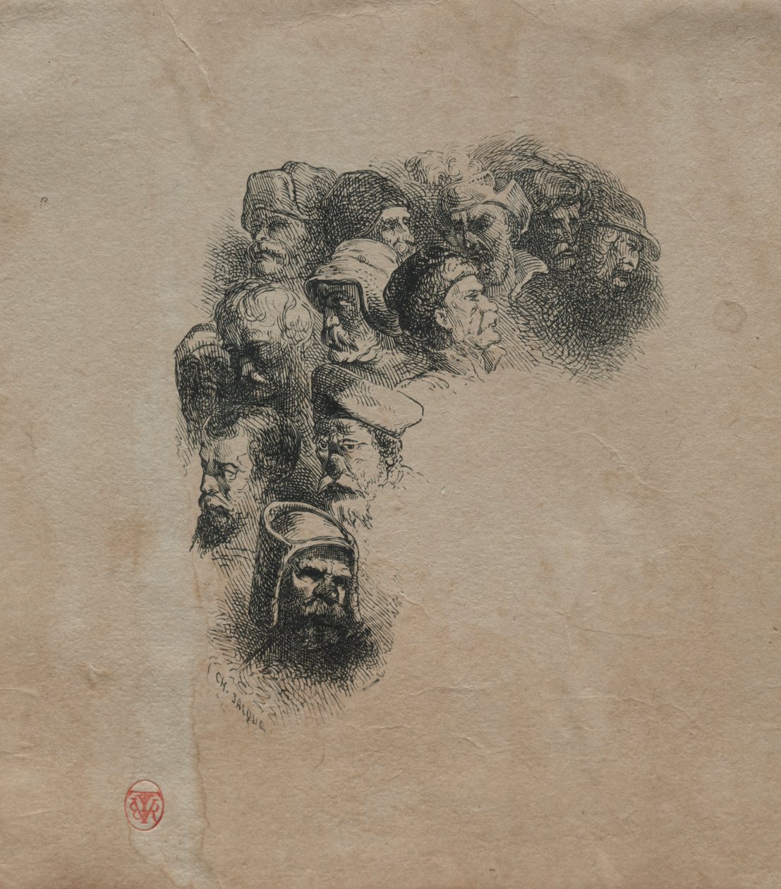 Groep Hoofden, naar Greuze door Charles Emile Jacque