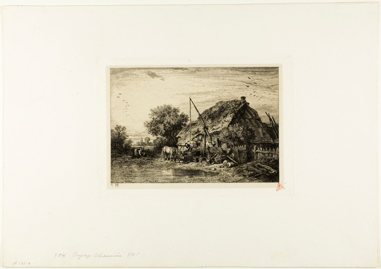 Boerenhuis met vijver door Charles Emile Jacque