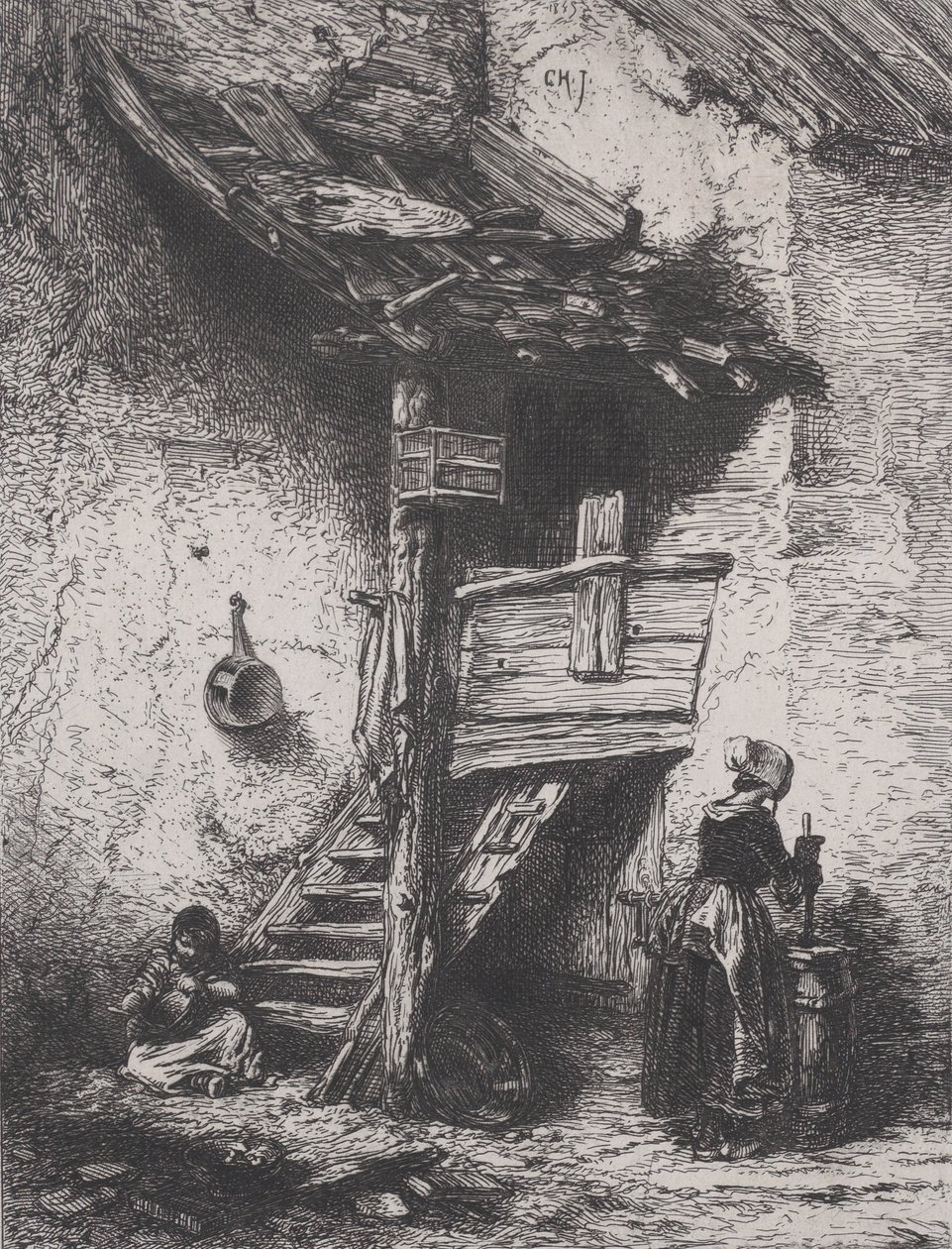 Trappen en vrouw die karnen door Charles Emile Jacque
