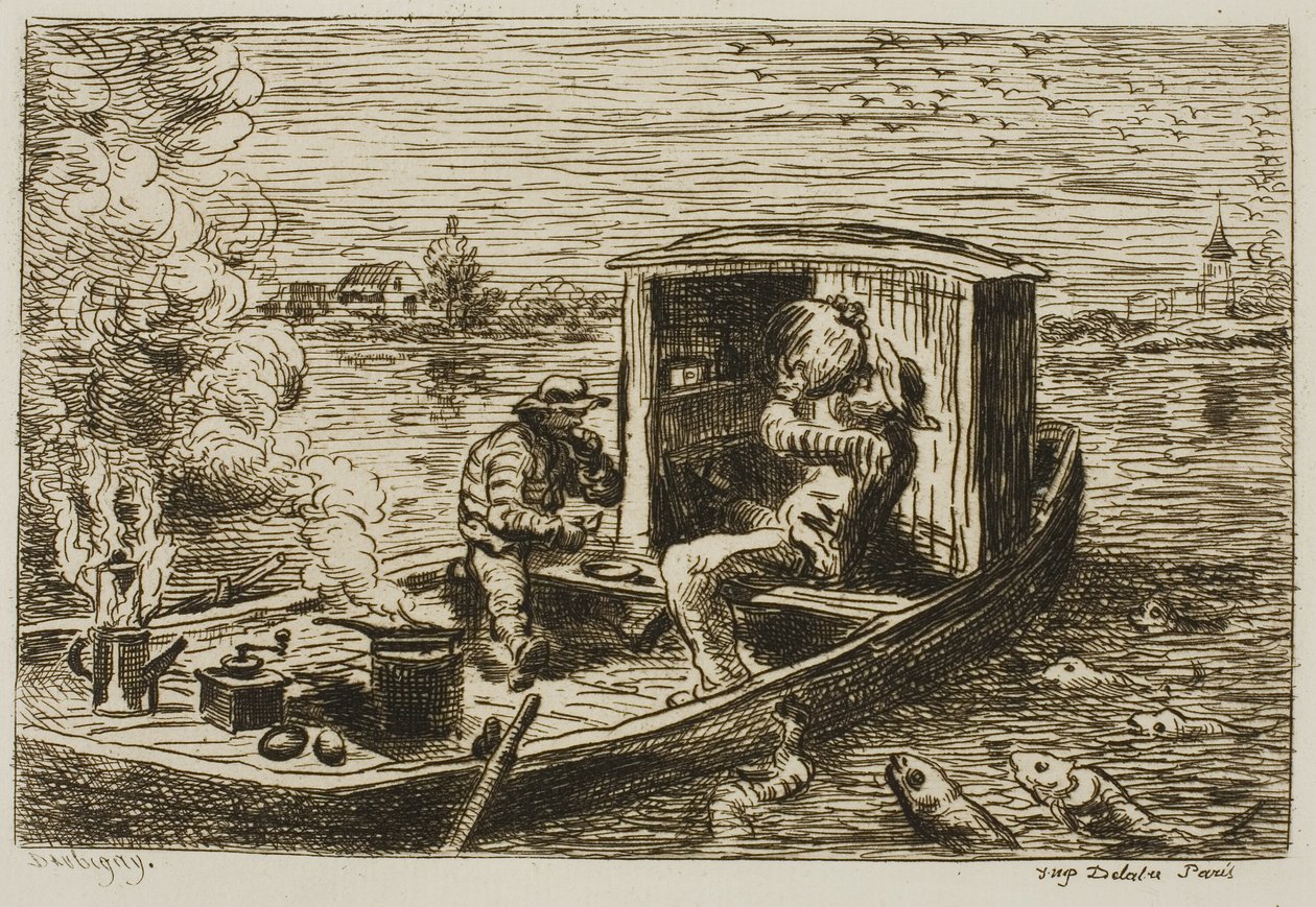 Slikken (Maaltijd op de boot) door Charles Francois Daubigny