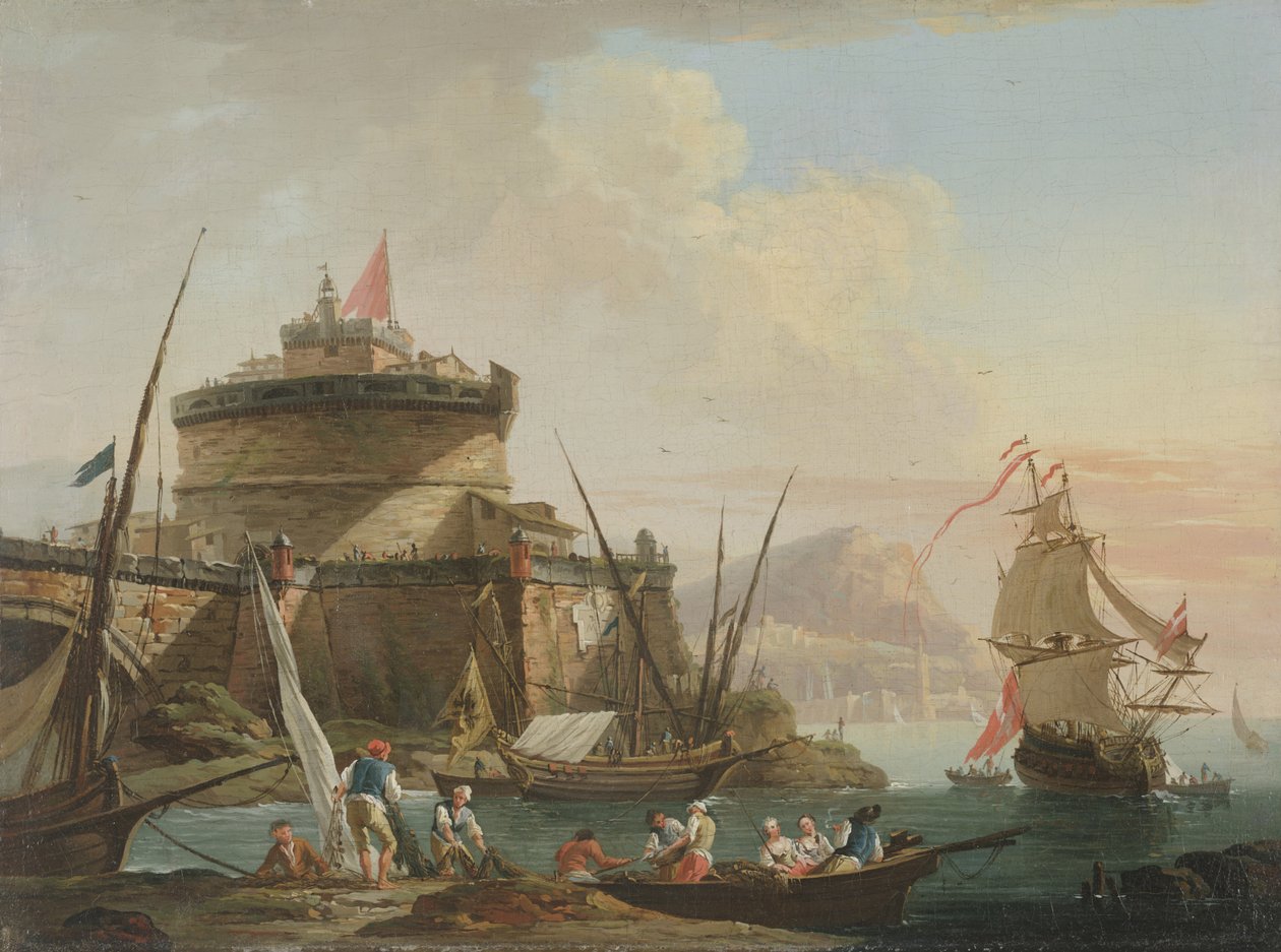 Havengezicht bij zonsondergang door Charles Francois Lacroix de Marseille