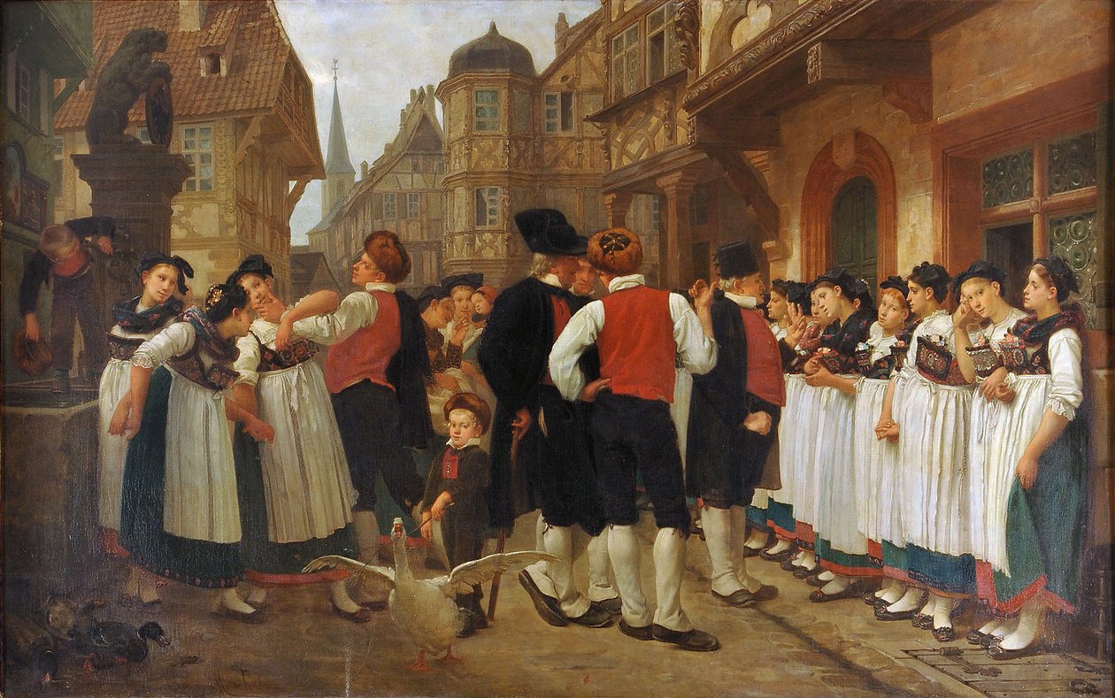 Frans: La foire aux servantes door Charles Francois Marchal