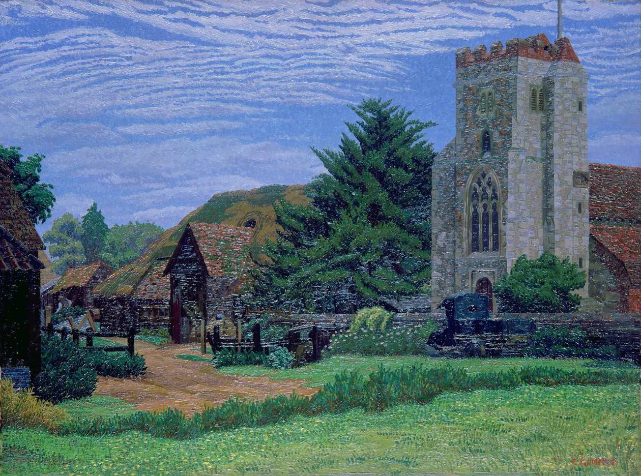 Kerk en Schuur, Waltham St. Lawrence door Charles Ginner