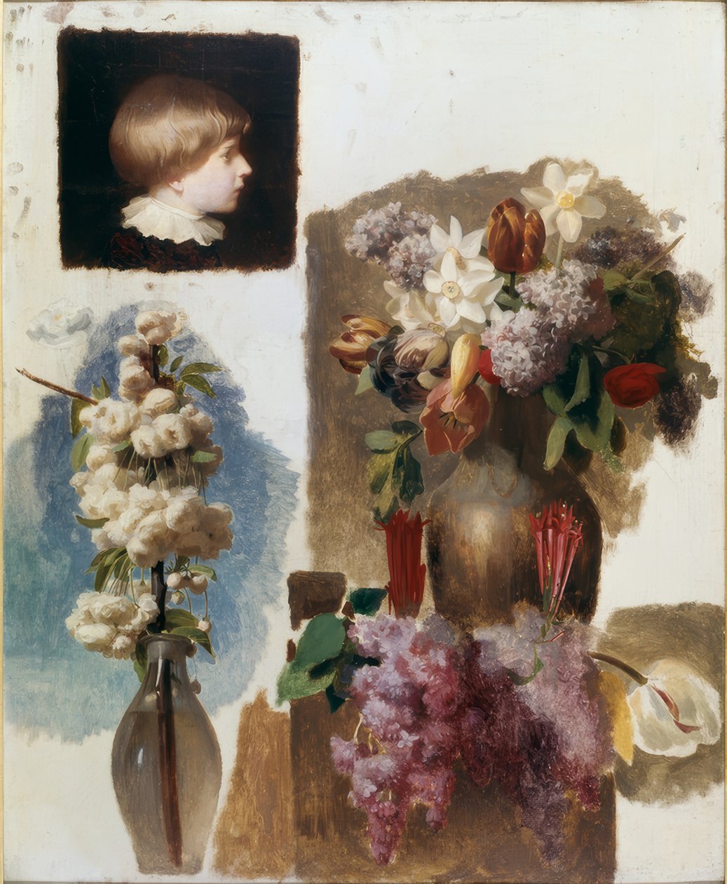 Bloemen en hoofd (studie) door Charles Gleyre