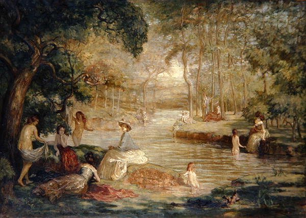 Badhuis: Vrouwen badend bij een rivier door Charles Julian Tharp